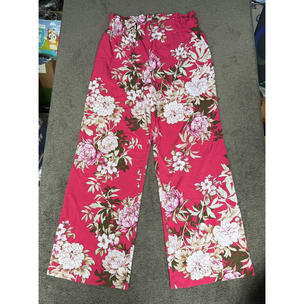 7th Avenue NY&Co Pink Floral Wide Leg Paperbag Waist Pants Large